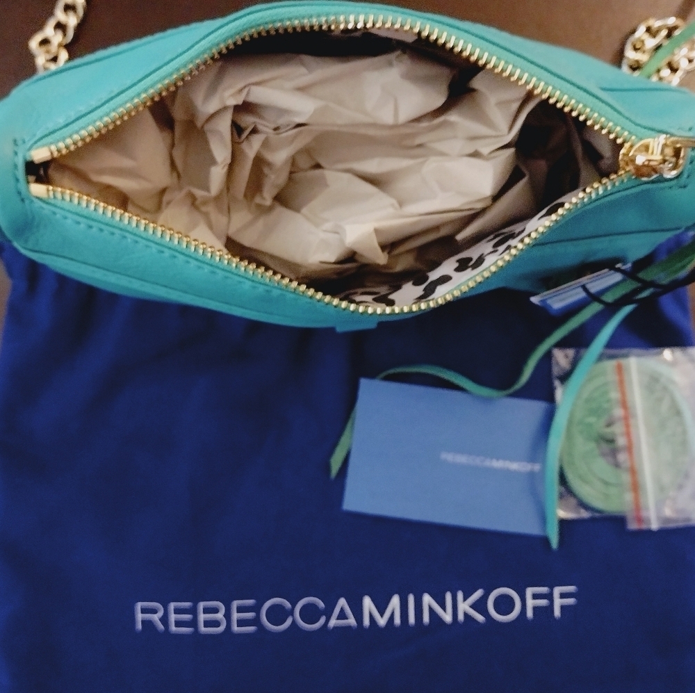 Rebecca Minkoff Mini MAC Aqua Teal Leather Crossbody Bag Chain Strap Tassel Bag - Picture 16 of 17